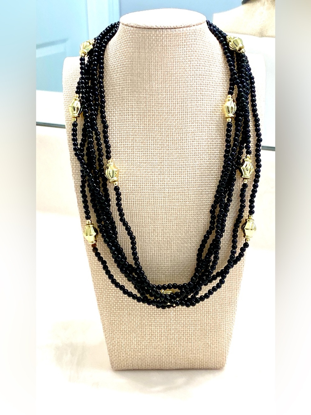 Vintage Jet Black Seed Bead Multi Strand Statement Necklace Textured Gold Melon